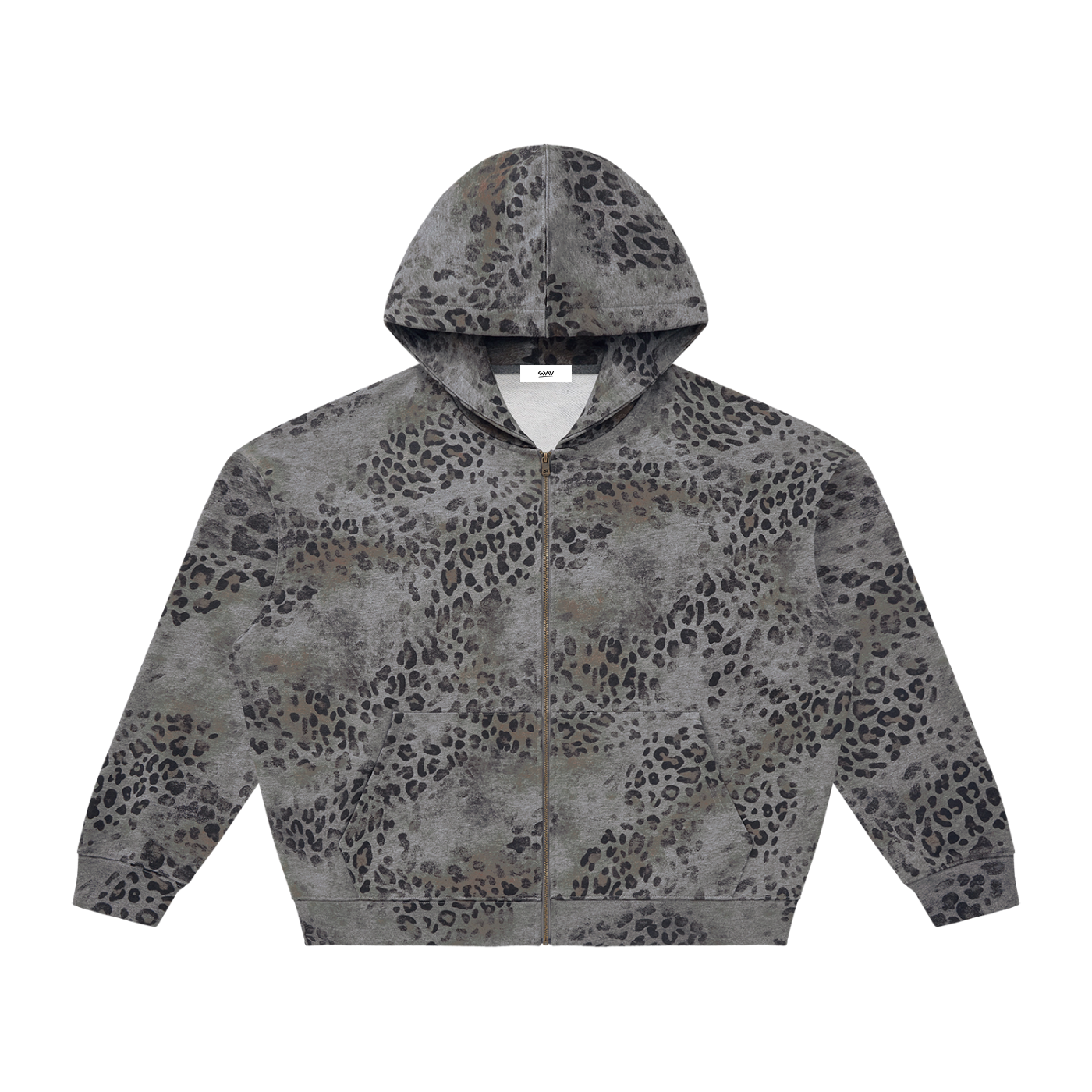 Sweat à capuche fermeture éclair intégrale, style léopard vintage délavé